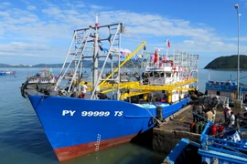 Tàu cá vỏ thép của ông Ngô Văn Lanh đang chuẩn bị để ra khơi chuyến biển đầu tiên tại cảng cá Vạn Phước, thị xã Sông Cầu. (Ảnh: Thế Lập/Vietnam+)