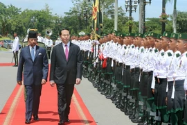 Chủ tịch nước Trần Đại Quang và Quốc vương Haji Hassanal Bolkiah Mu’izzaddin Waddaulah duyệt đội danh dự Quân đội Hoàng gia Brunei. (Ảnh: Nhan Sáng/TTXVN)