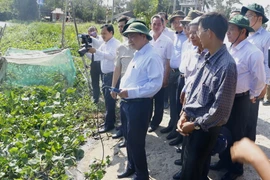 Phó Thủ tướng Nguyễn Xuân Phúc trực tiếp đo độ mặn tại sông Cái Lớn, thuộc xã Hỏa Tiến, thành phố Vị Thanh, tỉnh Hậu Giang. (Ảnh: Huỳnh Sử/TTXVN)