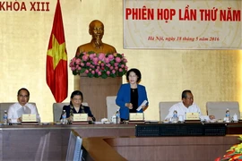 Chủ tịch Quốc hội Nguyễn Thị Kim Ngân, Chủ tịch Hội đồng Bầu cử Quốc gia chủ trì Phiên họp lần thứ năm của Hội đồng Bầu cử Quốc gia. (Ảnh: Nguyễn Dân/TTXVN)