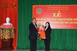 Chánh án Tòa án nhân dân Tối cao Trương Hòa Bình trao Quyết định bổ nhiệm cho bà Lưu Thu Giang. (Ảnh: Quân Trang/TTXVN)