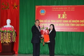 Chánh án Tòa án nhân dân Tối cao Trương Hòa Bình trao Quyết định bổ nhiệm cho bà Lưu Thu Giang. (Ảnh: Quân Trang/TTXVN)