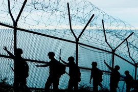 Binh sỹ Hàn Quốc tuần tra tại khu vực phía tây đảo Yeonpyeong, giáp giới Triều Tiên ngày 26/8. (Nguồn: Yonhap/TTXVN)