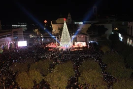 Thắp sáng cây thông Noel tại Quảng trường Manger ở thành phố Bethlehem, khu Bờ Tây. (Ảnh: THX/TTXVN)