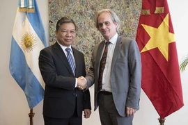 Phó trưởng Ban Đối ngoại Trung ương Nguyễn Huy Tăng gặp gỡ Thứ trưởng Bộ Ngoại giao Argentina Pablo Tetamantti. (Ảnh: Hoài Nam/TTXVN)