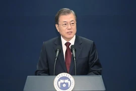 Tổng thống Hàn Quốc Moon Jae-in trong cuộc họp báo tại Seoul. (Ảnh: Yonhap/TTXVN)