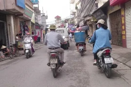 Cá chết từ hồ Linh Đàm len lỏi theo xe máy theo hướng Đại Áng-Thường Tín (Ảnh: PV/Vietnam+)