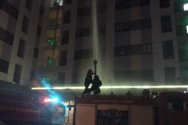 Cảnh sát nỗ lực dập tắt đám cháy trên tầng 8 toàn nhà Rainbow (Ảnh: Sơn Bách/Vietnam+) 