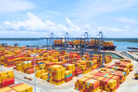 Hãng vận tải biển MSC lấy hàng hóa container tại một bến cảng Việt Nam. (Ảnh: PV/Vietnam+)