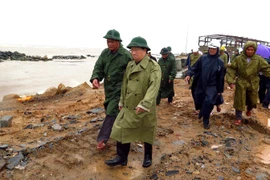 Phó Thủ tướng Trịnh Đình Dũng kiểm tra hiện trường khu vực thi công Kè xóm Rớ thuộc phường Phú Đông (thành phố Tuy Hòa). (Ảnh: Thế Lập/TTXVN)