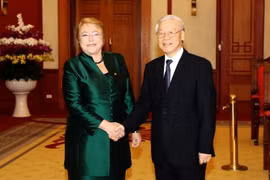 Tổng Bí thư Nguyễn Phú Trọng tiếp Tổng thống Cộng hòa Chile Michelle Bachelet Jeria thăm cấp Nhà nước tới Việt Nam. (Ảnh: Trí Dũng/TTXVN)