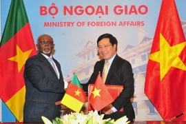 Phó Thủ tướng, Bộ trưởng Ngoại giao Phạm Bình Minh và Bộ trưởng Ngoại giao Cameroon Lejeune Mbella Mbella ký Hiệp định khung hợp tác song phương giữa hai Chính phủ Việt Nam và Cameroon. (Ảnh: Nguyễn Khang/TTXVN)