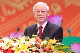 Tổng Bí thư Nguyễn Phú Trọng đọc diễn văn tại lễ kỷ niệm. (Ảnh: Phương Hoa/TTXVN)