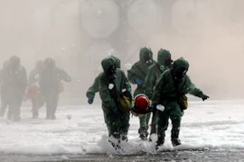 Diễn tập công tác cứu hộ cứu nạn các nạn nhân bị thương trong sự cố rò rỉ hóa chất. (Ảnh: Mạnh Linh/TTXVN)