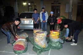 Các đối tượng (đứng giữa) và tang vật vụ án bắt giữ pháo lậu ở Hải Dương. (Ảnh: Mạnh Tú/TTXVN)