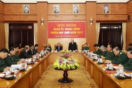 Tổng Bí thư Nguyễn Phú Trọng, Bí thư Quân ủy Trung ương phát biểu khai mạc hội nghị. (Ảnh: Trí Dũng/TTXVN)