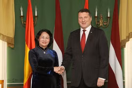 Phó Chủ tịch nước Đặng Thị Ngọc Thịnh hội kiến với Tổng thống Cộng hòa Latvia Raimonds Vejonis. (Ảnh: Doãn Tấn/TTXVN)