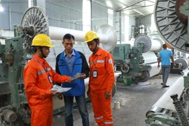 Công nhân Tổng Công ty Điện lực Hà Nội tuyên truyền tiết kiệm điện, sử dụng điện an toàn và hiệu quả cho các hộ sản xuất trên địa bàn huyện Thanh Oai. (Ảnh: Ngọc Hà/TTXVN)