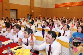  Biểu quyết lấy ý kiến tại Đại hội Đảng bộ Tổng Công ty Điện lực thành phố Hà Nội nhiệm kỳ 2015-2020. (Ảnh: Ngọc Hà/TTXVN)