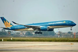 Máy bay của hãng hàng không Vietnam Airlines hạ cánh tại một sân bay. (Ảnh: CTV/Vietnam+)