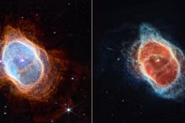 Hình ảnh do Cơ quan hàng không vũ trụ Mỹ (NASA) công bố và được chụp bởi kính viễn vọng không gian James Webb cho thấy Tinh vân Chiếc nhẫn phương Nam (Southern Ring Nebula) trong ánh sáng hồng ngoại cận (trái) và ánh sáng hồng ngoại trung (phải). (Ảnh: TH