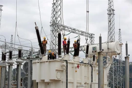 Thi công tại trạm biến áp 220 kV Bắc Quang. (Ảnh: Huy Hùng/TTXVN)