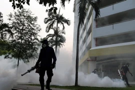 Phun thuốc diệt muỗi mang virus Zika ở một khu dân cư tại Aljunied ngày 29/8 vừa qua. (Ảnh: AFP/TTXVN)