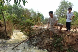 Nước thải đổ ra môi trường rất độc hại, đặc quánh, bốc mùi hôi thối. (Ảnh: Đậu Tất Thành/TTXVN)