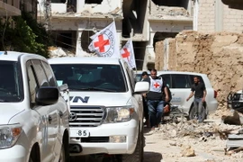 Đoàn xe chở hàng cứu trợ. (Ảnh: AFP/TTXVN)