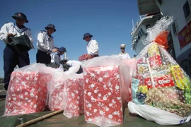 Chuẩn bị quà tặng cho cán bộ, chiến sỹ các nhà giàn. (Ảnh: Trần Việt/TTXVN)