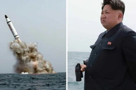 Nhà lãnh đạo Triều Tiên Kim Jong Un theo dõi vụ phóng thử tên lửa từ tàu ngầm nước này, ngày 10/5/2015. (Ảnh: Reuter/TTXVN)