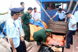 Lực lượng chức năng tiến hành kiểm tra thu giữ tang vật. (Ảnh: Nguyễn Hoàng/TTXVN)