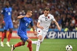 Tiền đạo Dimitri Payet (trái) trong trận đấu giữa đội tuyển Pháp và đội Albania tại bảng A vòng chung kết Euro 2016 diễn ra ở Marseille, Pháp ngày 15/6 vừa qua. (Ảnh: AFP/TTXVN)