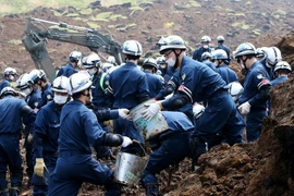 Lực lượng cứu hộ tìm kiếm các nạn nhân động đất ở Minami-Aso, Kumamoto ngày 19/4 vừa qua. (Ảnh: AFP/TTXVN)