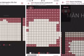 Ghi nhận tình hình đặt vé trước của phim ''Oppenheimer'' tại các phòng chiếu IMAX ở Hà Nội, Thành phố Hồ Chí Minh các ngày từ 12-14/8. (Ảnh chụp màn hình)