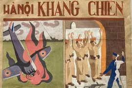 Tranh ''Hà Nội kháng chiến'' vẽ bằng bột màu trên giấy do họa sỹ Văn Giáo vẽ năm 1947, mỗi tranh nhỏ có một nội dung được chú thích riêng. (Tranh: Bảo tàng Mỹ thuật Việt Nam)