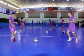 Các cầu thủ futsal nam Việt Nam thực hiện các bài khởi động do Ban huấn luyện đề ra. (Ảnh: Đại Nghĩa/TTXVN)