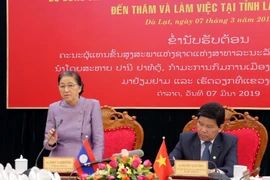 Chủ tịch Quốc hội Lào Pany Yathutou phát biểu tại buổi làm việc với tỉnh Lâm Đồng. (Ảnh: Chu Quốc Hùng/TTXVN)