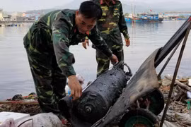 Lực lượng chức năng trục vớt quả ngư lôi lên bờ. (Ảnh: Phước Ngọc/TTXVN)