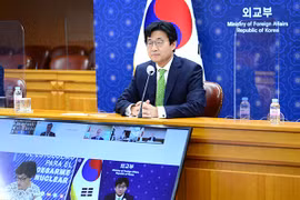 Thứ trưởng Ngoại giao Hàn Quốc Choi Jong-moon tham dự hội nghị trực tuyến Sáng kiến Stockholm. (Nguồn: Yonhap)