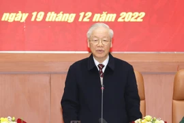 Tổng Bí thư Nguyễn Phú Trọng, Bí thư Quân ủy Trung ương, phát biểu kết luận hội nghị. (Ảnh: Trí Dũng/TTXVN)