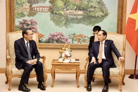 Phó Thủ tướng Bùi Thanh Sơn và Bộ trưởng Phosay Sayasone trao đổi về hợp tác hai nước trong lĩnh vực năng lượng và mỏ. (Ảnh: TTXVN phát)