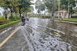 Đường vào trung tâm hành chính của quận Bình Thủy, thành phố Cần Thơ bị ngập do triều cường lên cao hồi tháng 10. (Ảnh: Thanh Liêm/TTXVN)