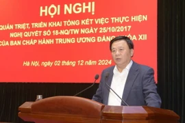 Ông Nguyễn Xuân Thắng quán triệt tổng kết và thực hiện Nghị quyết số 18-NQ/TW của Ban Chấp hành Trung ương Đảng khóa XII của hệ thống Học viện. (Ảnh: TTXVN phát)