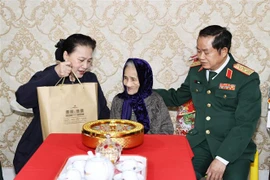 Chủ tịch Quốc hội Nguyễn Thị Kim Ngân và Đại tướng Đỗ Bá Tỵ, Phó Chủ tịch Quốc hội, thăm và tặng quà Mẹ Việt Nam Anh hùng Trịnh Thị Thìn. (Ảnh: Trọng Đức/TTXVN)