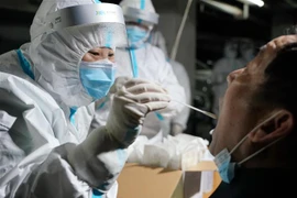 Nhân viên y tế lấy mẫu dịch xét nghiệm COVID-19 cho người dan tại Thạch Gia Trang, tỉnh Hà Bắc, Trung Quốc. (Ảnh: THX/TTXVN)