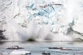 Băng tách ra từ một núi băng trên sông băng Apusiajik, gần Kulusuk, phía Đông Nam đảo Greenland. (Ảnh: AFP/TTXVN)