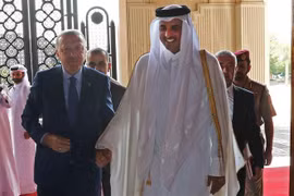 Tổng thống Thổ Nhĩ Kỳ Recep Tayyip Erdogan (trái) và Quốc vương Qatar Tamim bin Hamad Al Thani (phải) tại cuộc gặp ở Doha ngày 25/11/2019. (Ảnh: AFP/TTXVN)