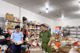Lực lượng liên ngành kiểm tra hàng hóa có dấu hiệu vi phạm trên địa bàn tỉnh Tuyên Quang. (Ảnh: PV/Vietnam+)