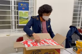 Lực lượng Quản lý thị trường Hà Nội kiểm tra lô hàng kit test COVID thu giữ. (Ảnh: PV/Vietnam+)